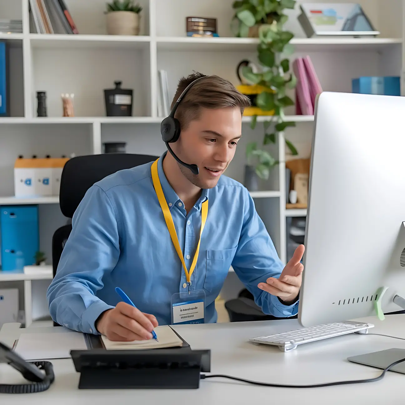 man-wearing-name-tag-earphones-working-computer-unified-voice
